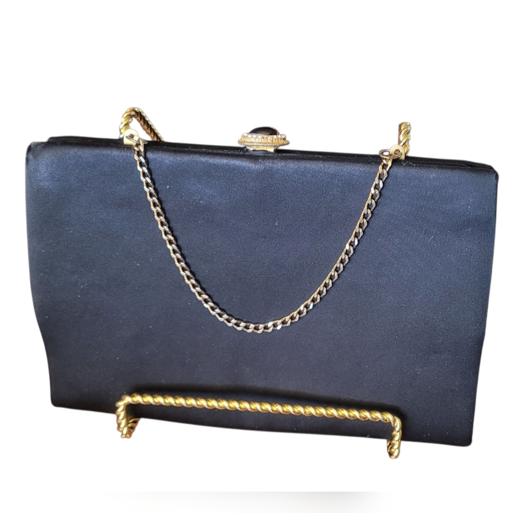 Vintage L&M Black Clutch with Gold Chain 1950s